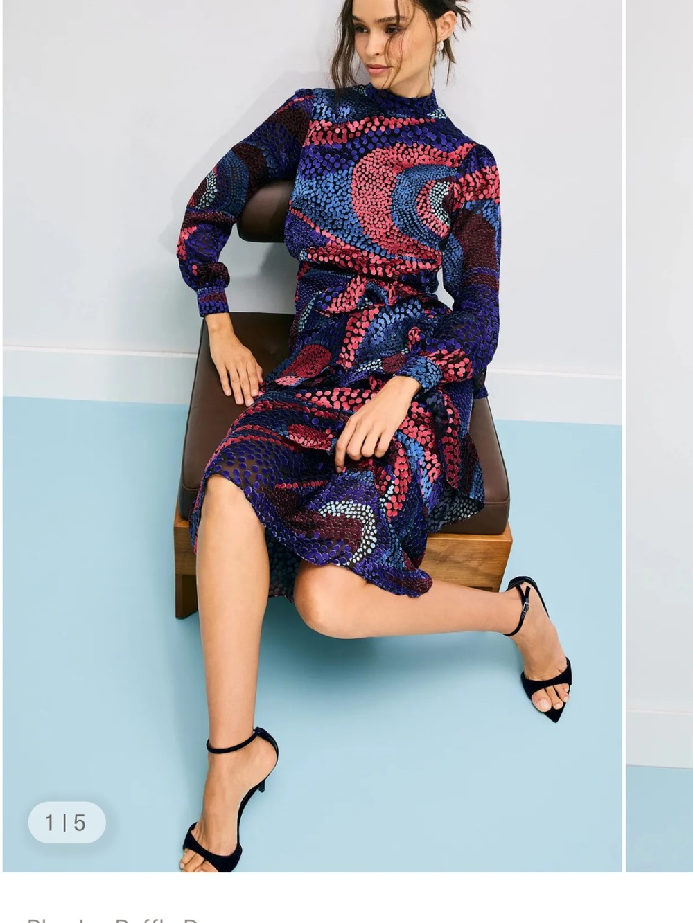 SALONI Blue Isa Ruffle Velvet Burnout Midi Dress US 2 UK 6 MSRP $850